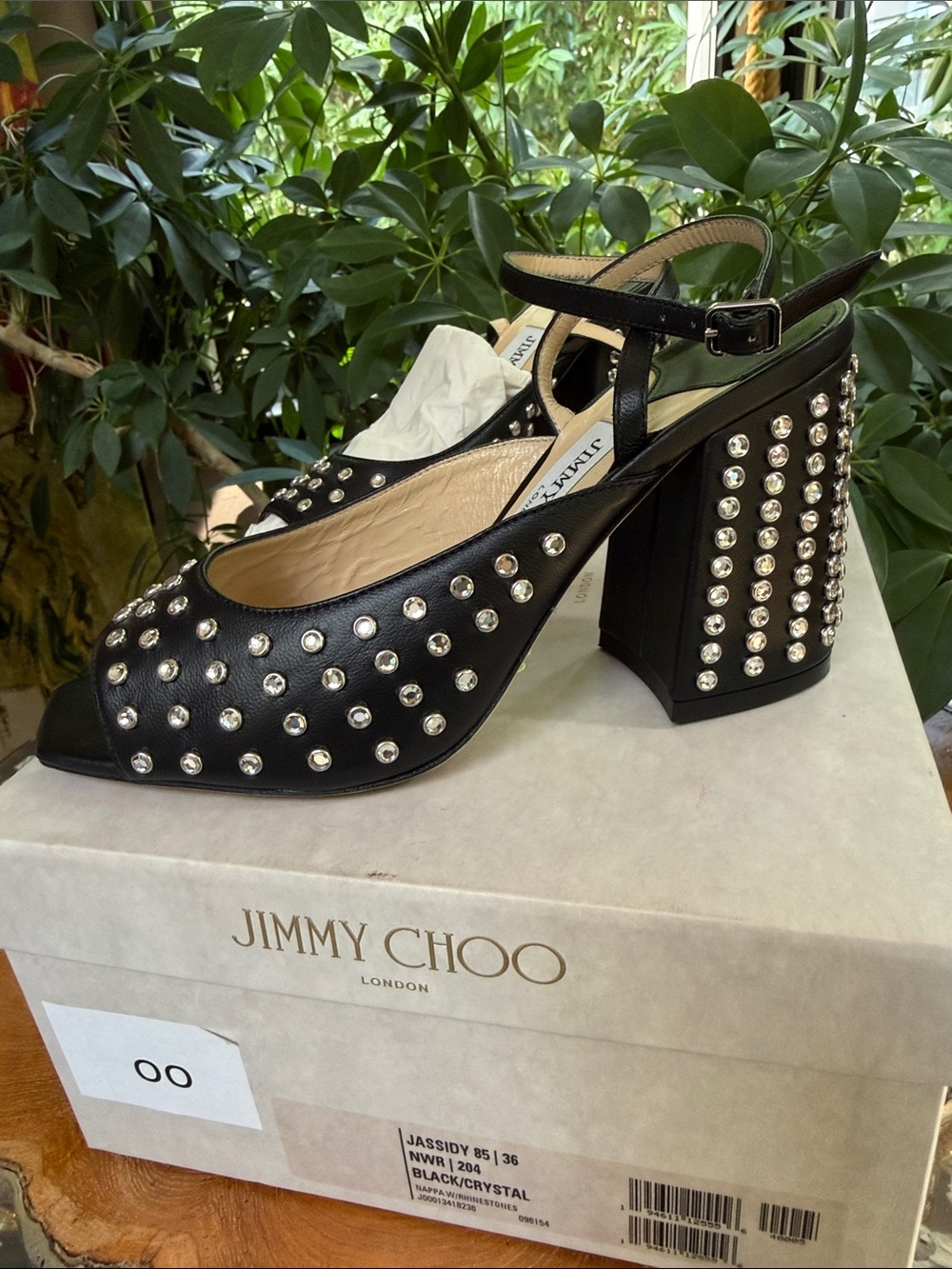 Jimmy Choo Black Studded Block Heel Sandals with Crystal Accents